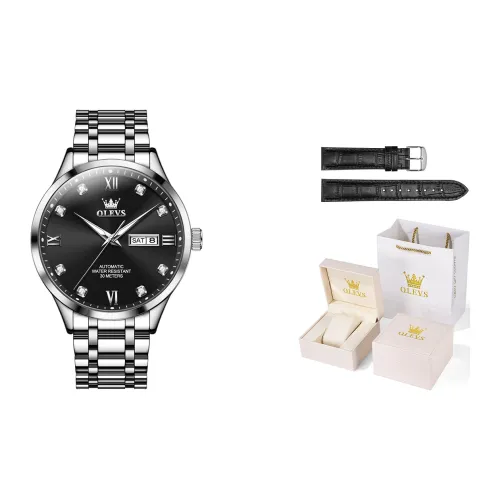 OLEVS Механический механизм ремешок из нержавеющей стали черный циферблат мужские часы