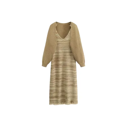 ARIADNAW STUDIO Хаки Женские Длинные Платья с Длинными Рукавами