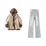 Абрикосовая куртка + дымчато-серые джинсы