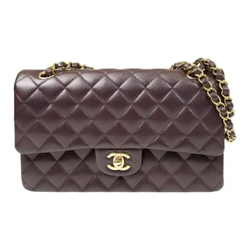 CHANEL Classic Flap CF Рельеф Телячья Кожа Сумка с Клапаном Сумка через плечо Сумка на плечо Средний Женская Кофейная