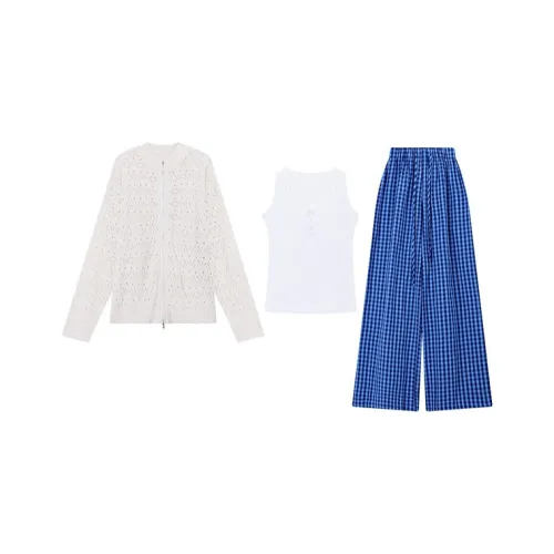INCO VIBE Кардиган цвета экрю + Майка + Штаны в клетку женские повседневные костюмы