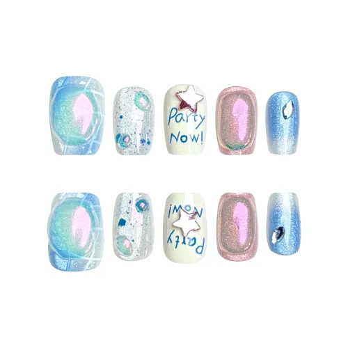 Yun Yue Joe Милый Корейский стиль Нишевый Дизайн Изменяющий цвет Искусственные ногти Короткий LADDER Синий Стиль Smudge Instagram