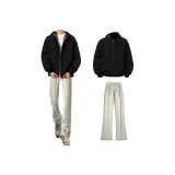 Чёрная куртка + жёлтые джинсы цвета глины