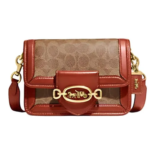 COACH Hero Покрытие Холст Телячья Кожа Портативная Сумка через плечо Сумка на плечо Женская Коричневый Оранжевый Красный