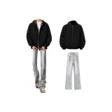 Чёрная куртка + дымчато-серые джинсы