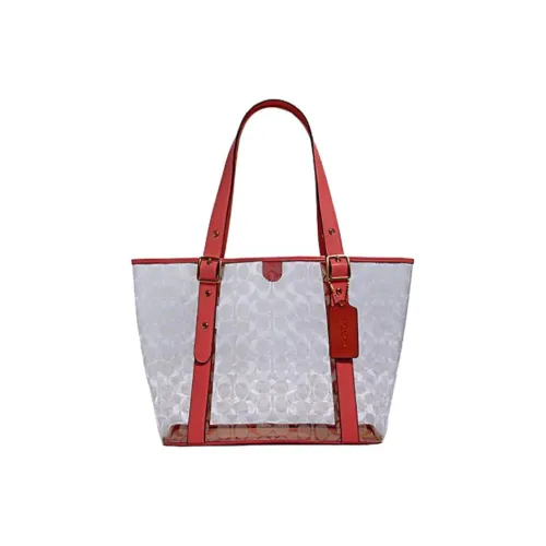 COACH Ferry Покрытый холст с кожаными вставками Тоут Сумка Сумка для покупок Сумка на плечо Большая Женская Прозрачная Оранжево-розовая