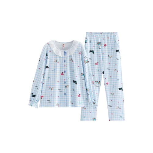FENTENG FJ26931354 Синий Клетка Женский Пижамный Комплект