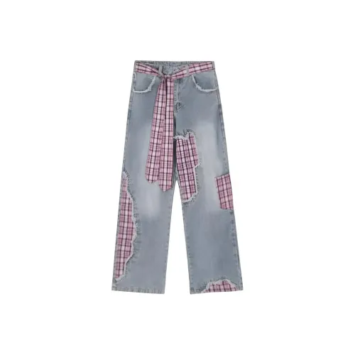 DANCANG Lazy Ремень Бант Клетчатый Пэчворк Джинсы Женские