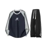 Темно-синий синий топ с серыми рукавами + черный низ