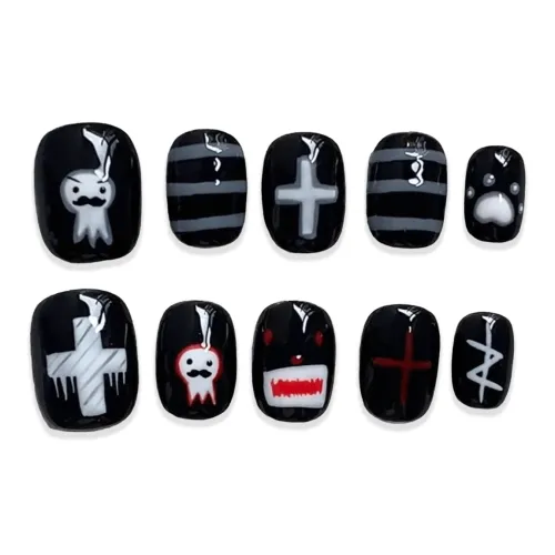 T Z Ins Разрисованный Клетчатый Призрак Черно-белая шахматка Цветочный False Nail Короткий Черный Однотонный Милый