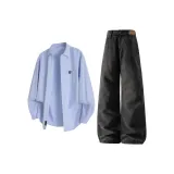 Светло-синий топ + серые штаны