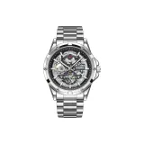 Серебряный корпус с черным циферблатом, серебряный стальной браслет.