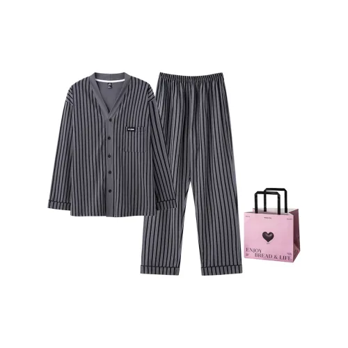 METE WHALE MT Серый Черный Полосы Сумка для покупок с сердцем Мужской Пижамный комплект