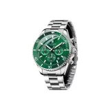 Серебряный стальной браслет, корпус серебристого цвета, зеленый циферблат