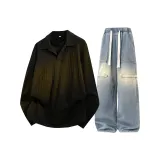 Чёрный топ + синие штаны