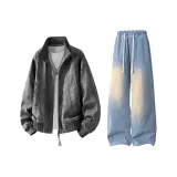 Темно-серый топ + светло-синие штаны