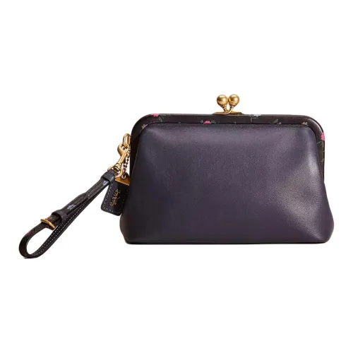 COACH Kisslock Перчаточная дубленая кожа Запястье Сумка Клатч Маленький Женский Латунь Черный Разноцветный