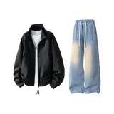 Чёрный топ + Светло-синие штаны