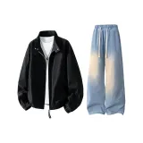 Чёрный топ + Светло-синие штаны