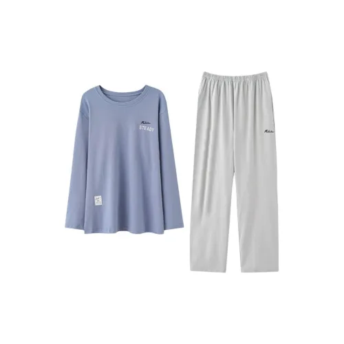 Mulinsen [Длинный рукав Топ+Штаны] Синий Светло-Серый Мужской Пижамный Комплект
