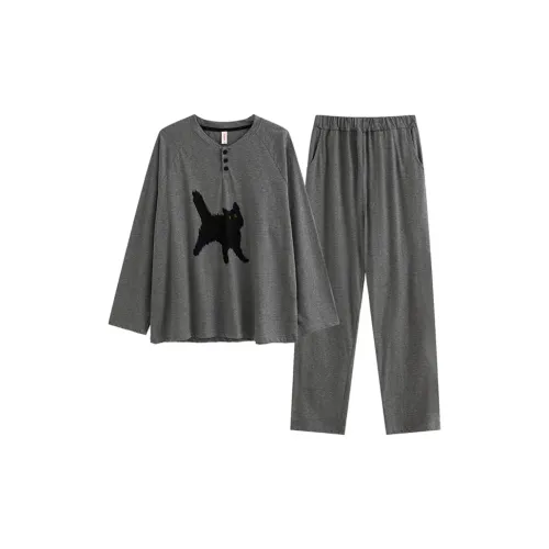 MIMOSA CHUR Круглый вырез Серый Черный Кошка Женские Пижамные комплекты