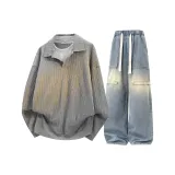 Серый топ + синие штаны