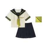 Зеленый трехпредметный комплект [с короткими рукавами] топ + темно-синяя юбка с оборками + зеленые бандана для малыша