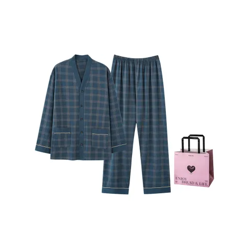 METE WHALE MT Синяя клетка Одежда Комплекты [Сумка для покупок с сердцем] Мужские Пижамные комплекты