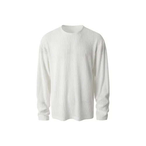 FRLMK Минималистский стиль Однотонный Плиссированный Дизайн Круглый вырез Длинный рукав Т-рубашка Для мужчин Унисекс