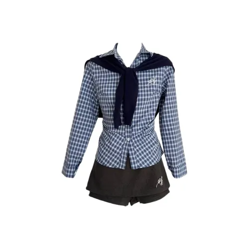 SISC Синие Клетка Рубашка + Шаль + Короткая Юбка Женские Юбочные Комплекты