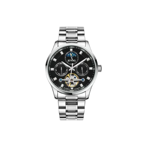 Eyki Fly Reel Collection Механическое устройство Стальной ремешок Часы Мужские Черный циферблат