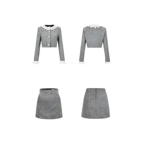 DITB Фотиния Серый Жемчужный Куртка + Жемчужный Юбка Женские Комплекты с Юбкой