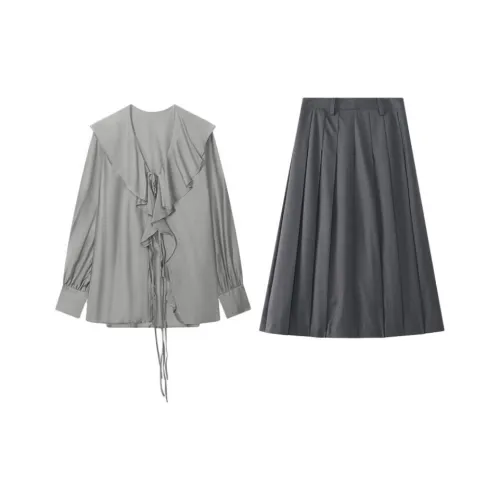 THE SEA LIFE Ледниковый серый Рубашка + Голубино-серый Юбка Женские Юбочные Комплекты