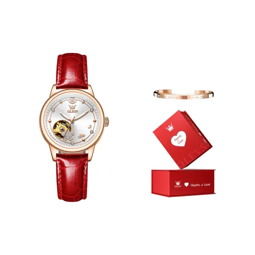 OLEVS Механические часы с кожаным ремешком женские с белым циферблатом