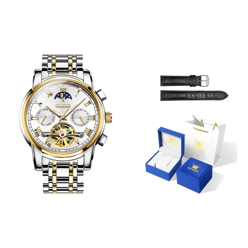 OLEVS Автоматический Механический Механизм Нержавеющая Сталь Ремешок Часы Мужские Белый Циферблат