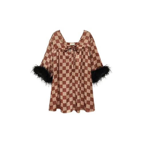 Sangluo Мокко Клетка С принтом Женская Ночная рубашка