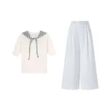 Кремовый белый топ + белые штаны с камелией