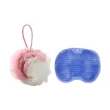 Розово-бежевый, губка для ванной + синий, коврик для ног