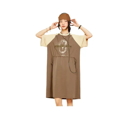 MUGUOGUOMU Короткий рукав Платье Женское Чайный коричневый