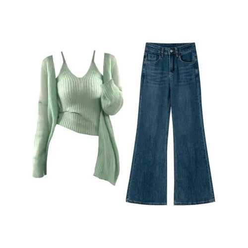 MARIE·COCO Светло-зеленый кардиган + топ на бретелях + штаны женские повседневные костюмы