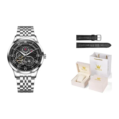 OLEVS Механический механизм ремешок из нержавеющей стали черный циферблат мужские часы
