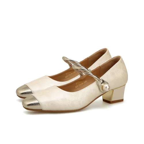 FOXER Грубый каблук Мэри Джейн Женские Туфли Бежево-золотого цвета