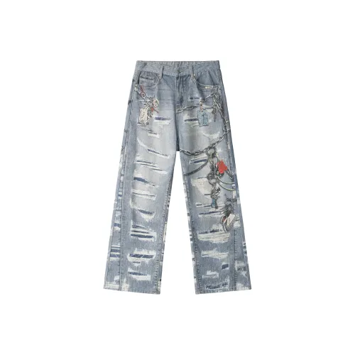 PILOTDRAGON x XINYINSU P D 24FW Джинсы Унисекс Синий