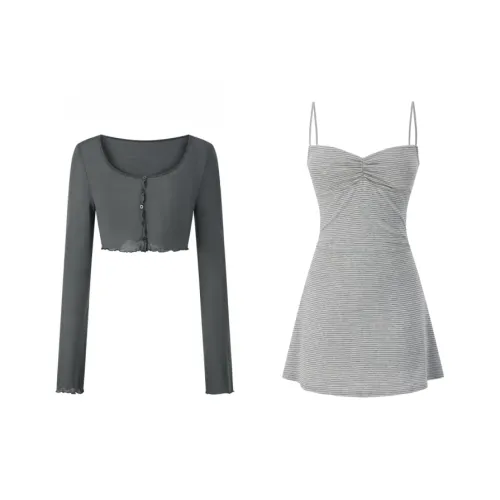 GORGEOUSIDEA Серый кардиган + серый полосатый платье-комбинация женский комплект с юбкой