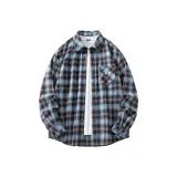 [Универсальный Свободный крой] Синий Кофейный Клетка (Логотип на груди Smile Wreath)