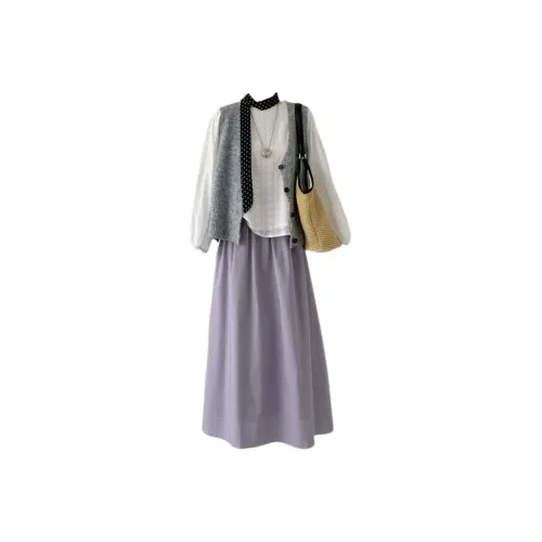 Udon House Шелковый Шарф + Жилет + Рубашка + Юбка Женские Комплекты с Юбкой