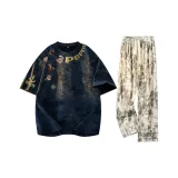 Темно-синий синий футболка + белые повседневные штаны