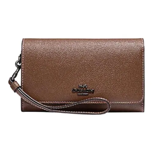 COACH Phone Крестообразная текстура Кожа Клатч Кошелек Чехол для телефона Маленький Женский Коричневый