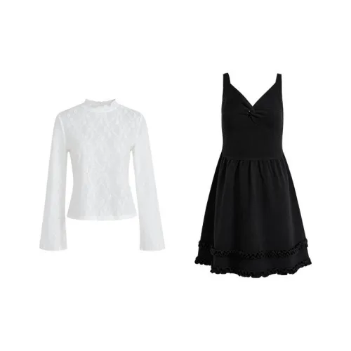 KUOSE Черное платье + Белая футболка с короткими рукавами Женские комплекты с юбкой