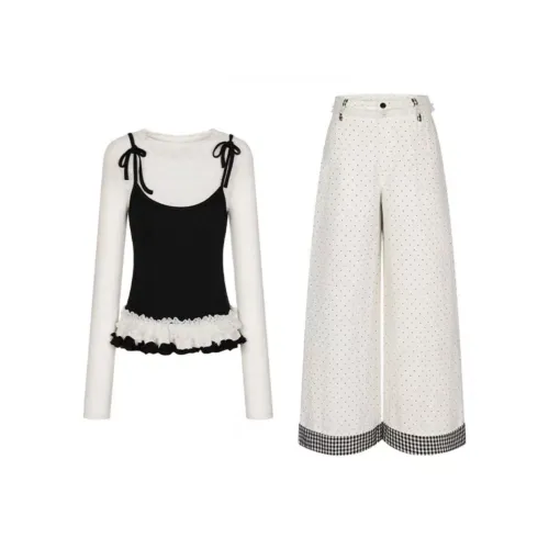 BIFH Черный топ + Точка Брюки Женские Повседневные костюмы